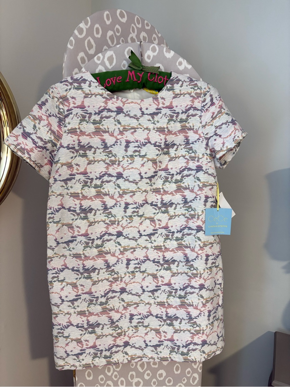 Floral Jacquard Short-Sleeve Shift Dress - White/Pink/Blue